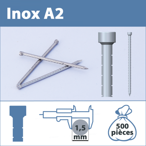 Pointe Inox A2 (304L) 1.5 X 25 mm cranté tête homme  500 pièces