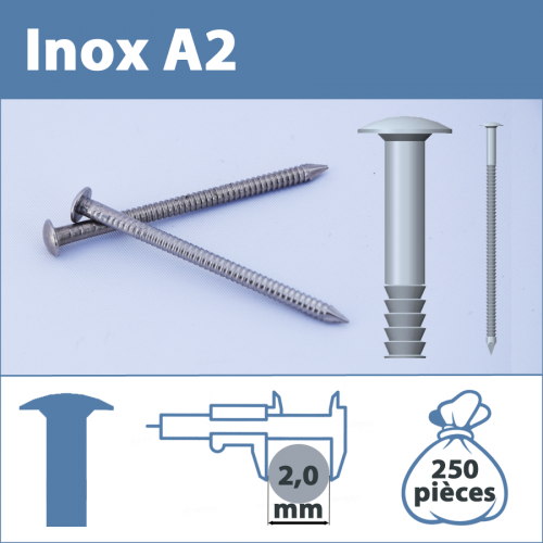 Pointe Inox A2 (304L) 2.0 X 25 mm annelée tête ronde  250 pièces