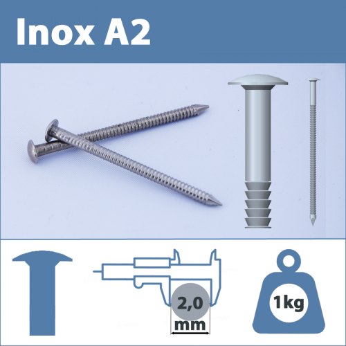 Pointe Inox A2 (304L) 2.0 X 35 mm annelée tête ronde  1kg