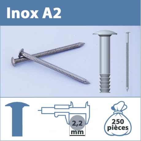 Pointe Inox A2 (304L) 2.2 X 35 mm annelée tête ronde  250 pièces