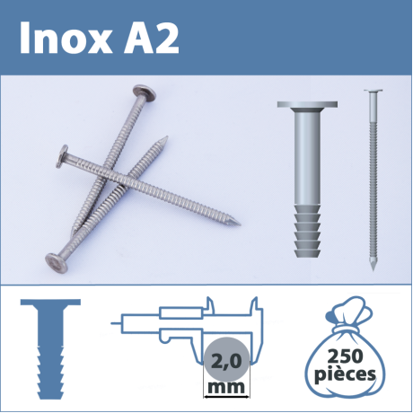 Pointe Inox A2 (304L) 2.0 X 25 mm annelée tête plate  250 pièces