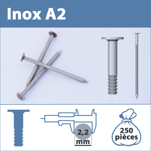 Pointe Inox A2 (304L) 2.2 X 40 mm annelée tête plate  250 pièces