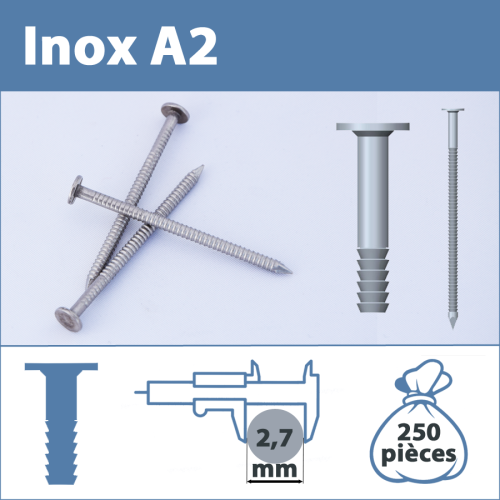Pointe Inox A2 (304L) 2.7 X 50 mm annelée tête plate  250 pièces