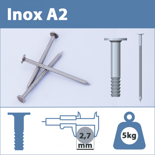 Pointe Inox A2 (304L) 2.7 X 70 mm annelée tête plate  5kg