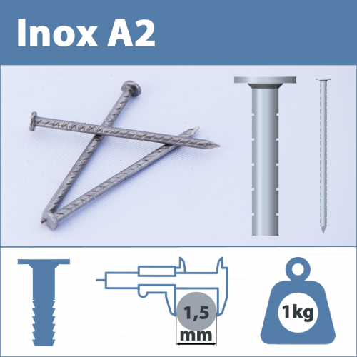 Pointe Inox A2 (304L) 1.5 x 35 mm cranté tête plate  1kg
