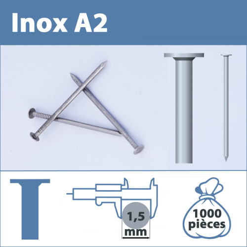 Pointe Inox A2 (304L) 1,5 X 14 mm  tête plate lisse  1000 pièces