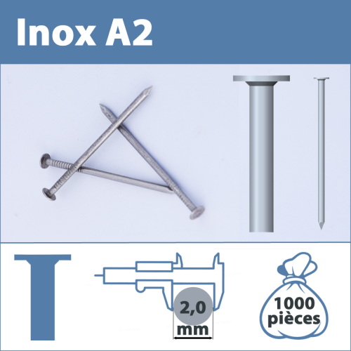 Pointe Inox A2 (304L) 2.0 X 15 mm  tête plate lisse  1000 pièces