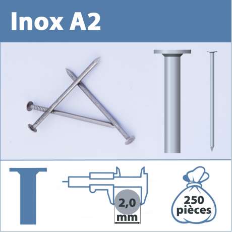 Pointe Inox A2 (304L) 2.0 X 30 mm  tête plate lisse  250 pièces