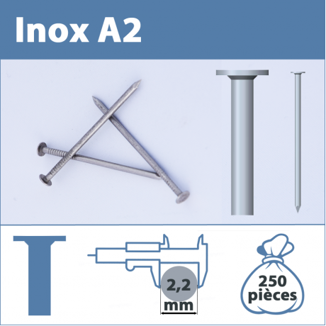 Pointe Inox A2 (304L) 2.2 X 35 mm  tête plate lisse  250 pièces