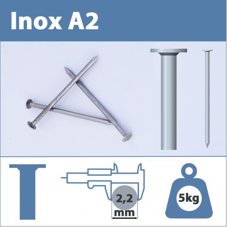 Pointe Inox A2 (304L) 2.2 X 50 mm  tête plate lisse  5kg