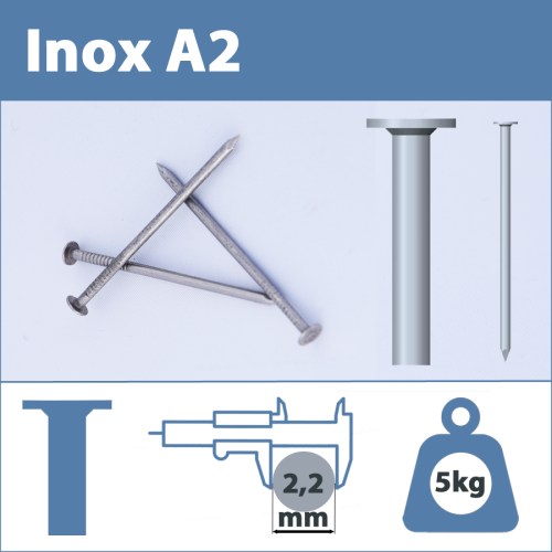 Pointe Inox A2 (304L) 2.2 X 50 mm  tête plate lisse  5kg