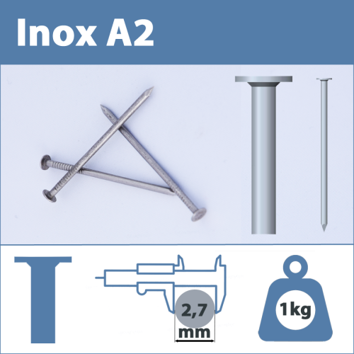 Pointe Inox A2 (304L) 2.7 X 70 mm  tête plate lisse  1kg