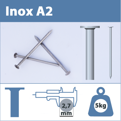 Pointe Inox A2 (304L) 2.7 X 70 mm  tête plate lisse  5kg