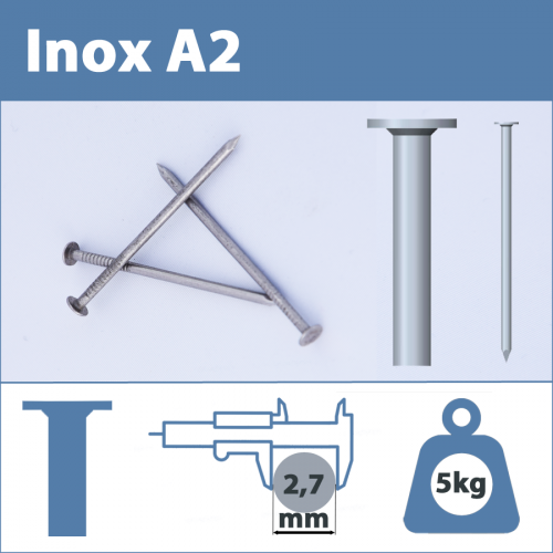 Pointe Inox A2 (304L) 2.7 X 70 mm  tête plate lisse  5kg