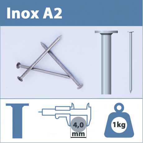 Pointe Inox A2 (304L) 4 X 120 mm  tête plate lisse  1kg