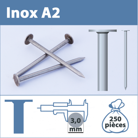 Pointe Inox A2 (304L) 3 X 30 mm lisse tête plate large  250 pièces
