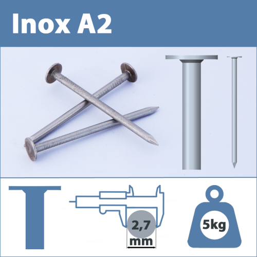 Pointe Inox A2 (304L) 2.7 X 35 mm lisse tête plate large  5kg