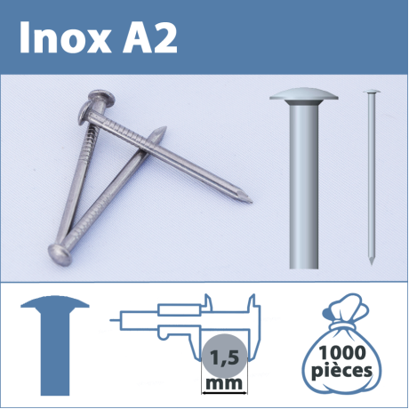 Pointe Inox A2 (304L) 1,5 X 14 mm  tête ronde lisse  1000 pièces