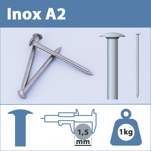 Pointe Inox A2 (304L) 1,5 X 30 mm  tête ronde lisse  1kg