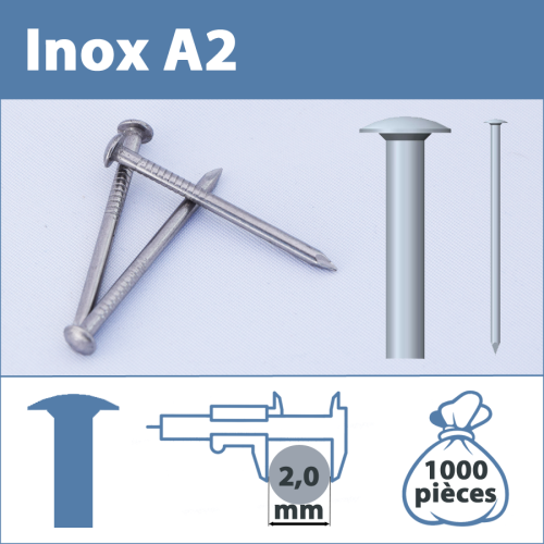Pointe Inox A2 (304L) 2.0 X 15 mm  tête ronde lisse  1000 pièces