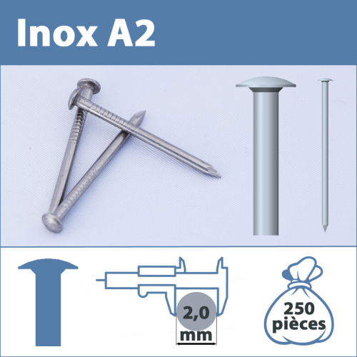 Pointe Inox A2 (304L) 2.0 X 30 mm  tête ronde lisse  250 pièces