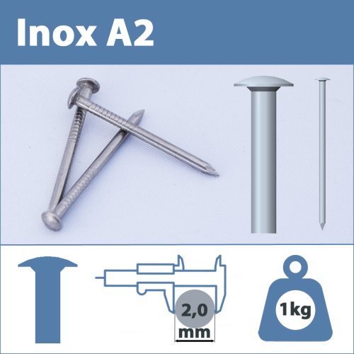 Pointe Inox A2 (304L) 2.0 X 35 mm  tête ronde lisse  1kg