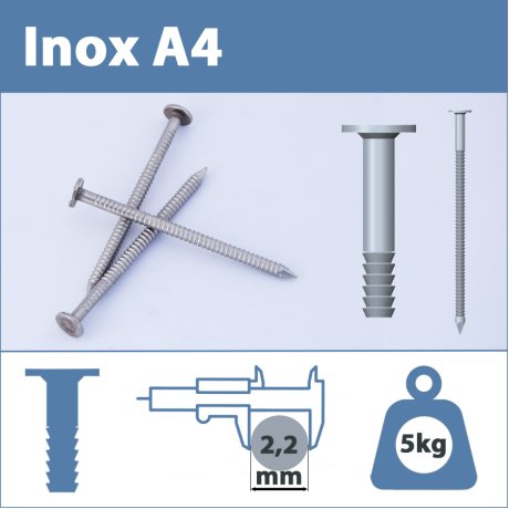 Pointe Inox A4 (316L) 2.2 X 50 mm annelé tête plate  5kg