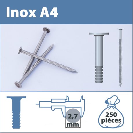 Pointe Inox A4 (316L) 2.7 X 50 mm annelé tête plate  250 pièces
