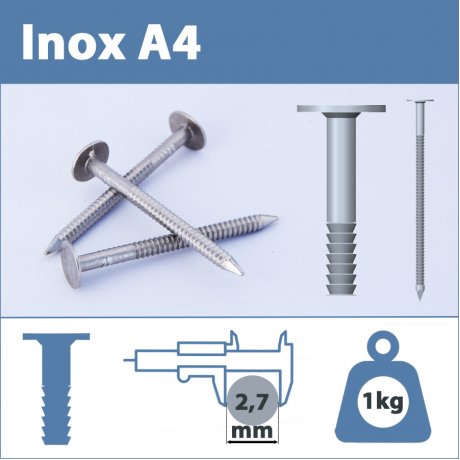 Pointe Inox A4 (316L) 2.7 X 35 mm annelé tête plate large  1kg