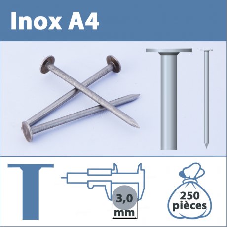 Pointe Inox A4 (316L) 3 X 30 mm lisse tête plate large  250 pièces
