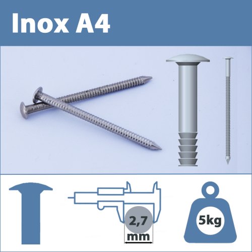 Pointe Inox A4 (316L) 2.7 X 70 mm annelé tête ronde  5kg