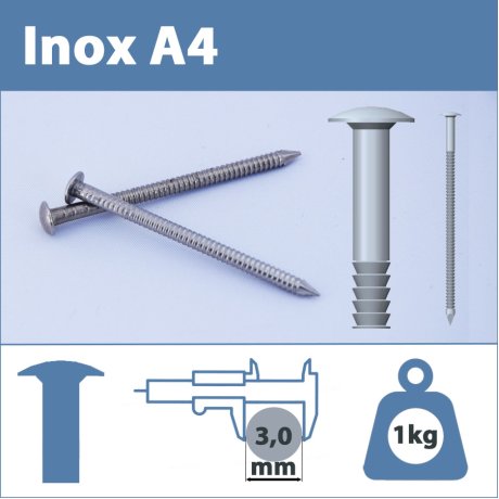 Pointe Inox A4 (316L) 3 X 80 mm annelé tête ronde  1kg