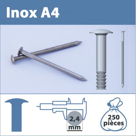 Pointe Inox A4 (316L) 2.4 X 40 mm annelé tête ronde  250 pièces